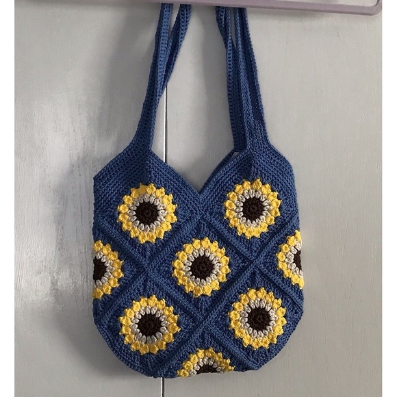 The Unbranded Brand Handbags - Blue Crochet Sunflower Bag